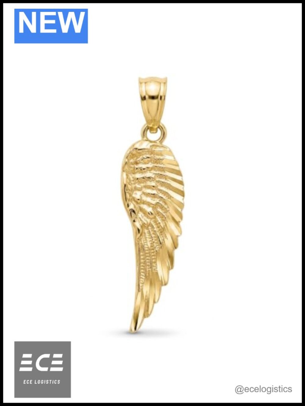 10K Solid Gold Angel Wing Charm Pendant Necklace for Women, 32mm, Diamond-Cut